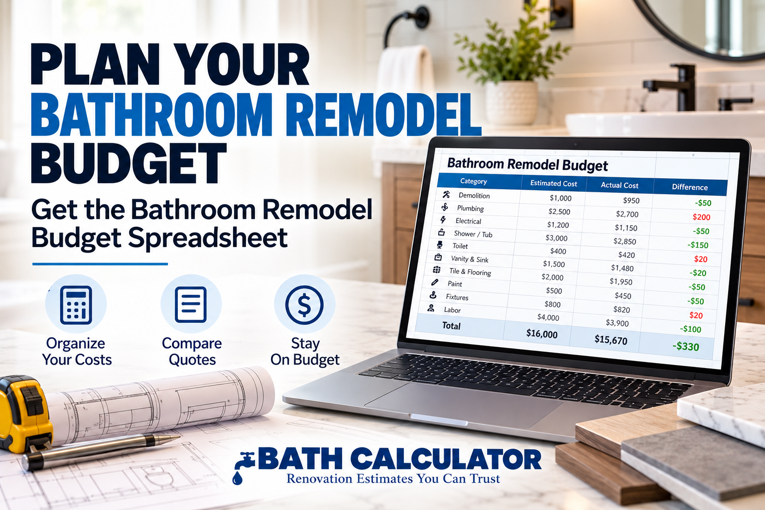 Plan your bathroom remodel budget with the free Bath Calculator spreadsheet