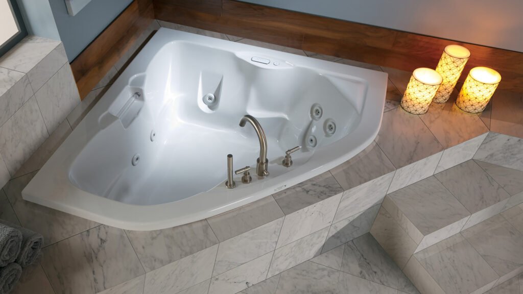 Jetted soaking tub in a remodeled bathroom
