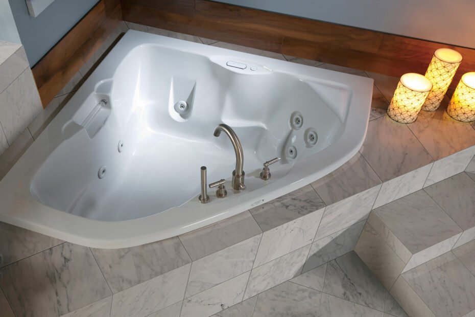 Jetted soaking tub in a remodeled bathroom